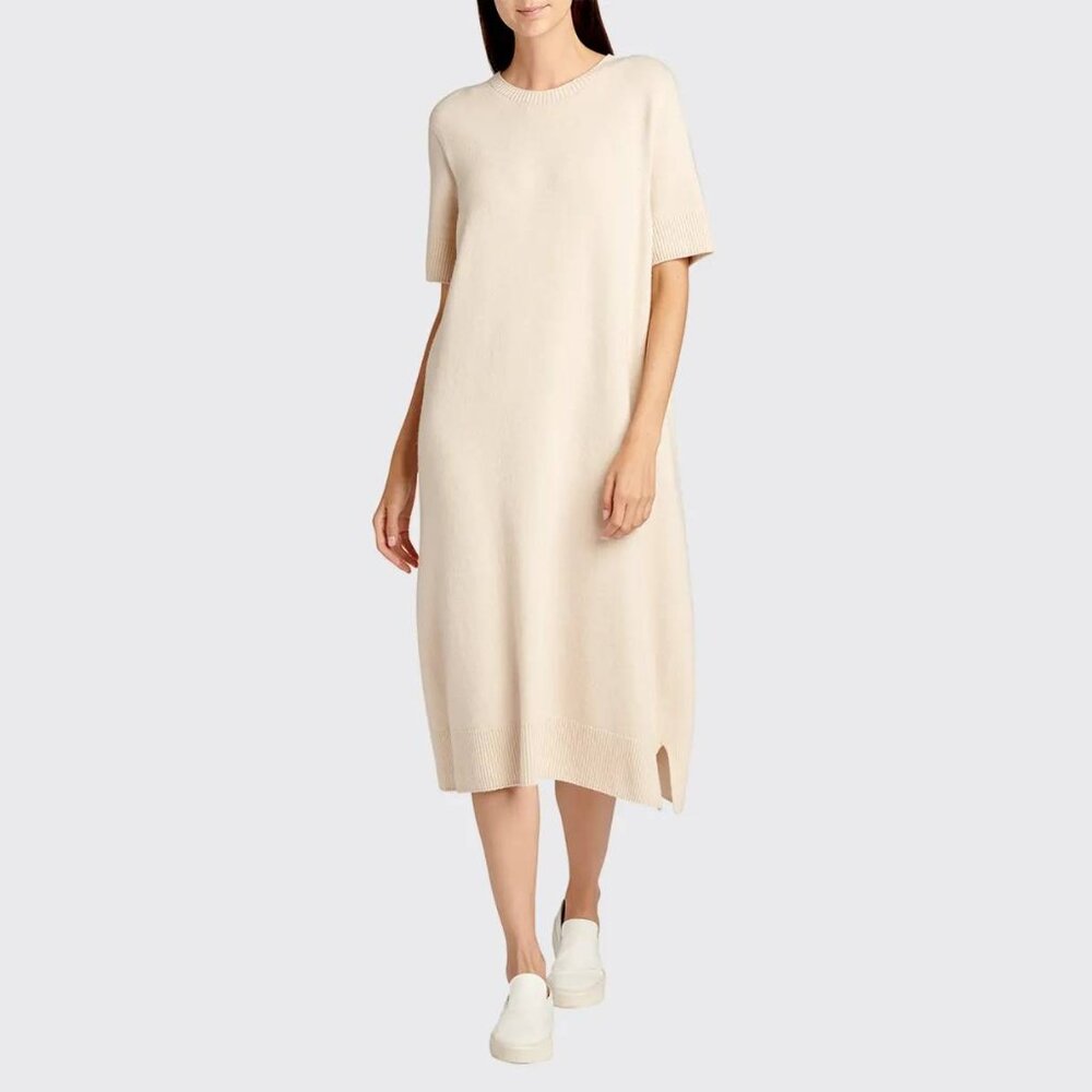 The Row Abini Beige Wool & Cashmere Short-Sleeve Midi Tunic Dress